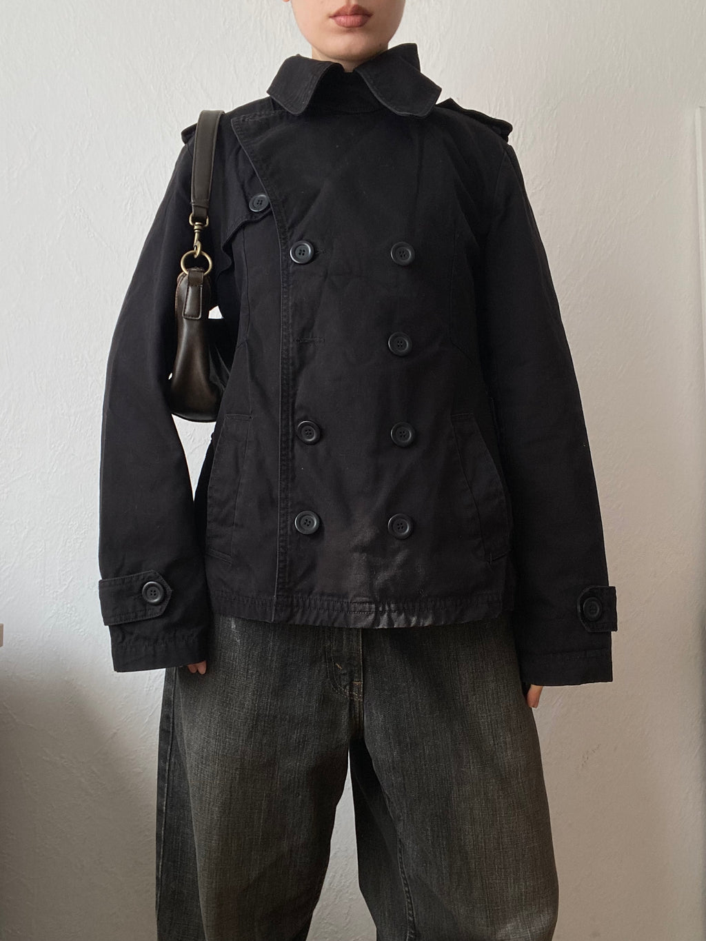 Vintage 100% cotton light short jacket pea coat unique neck