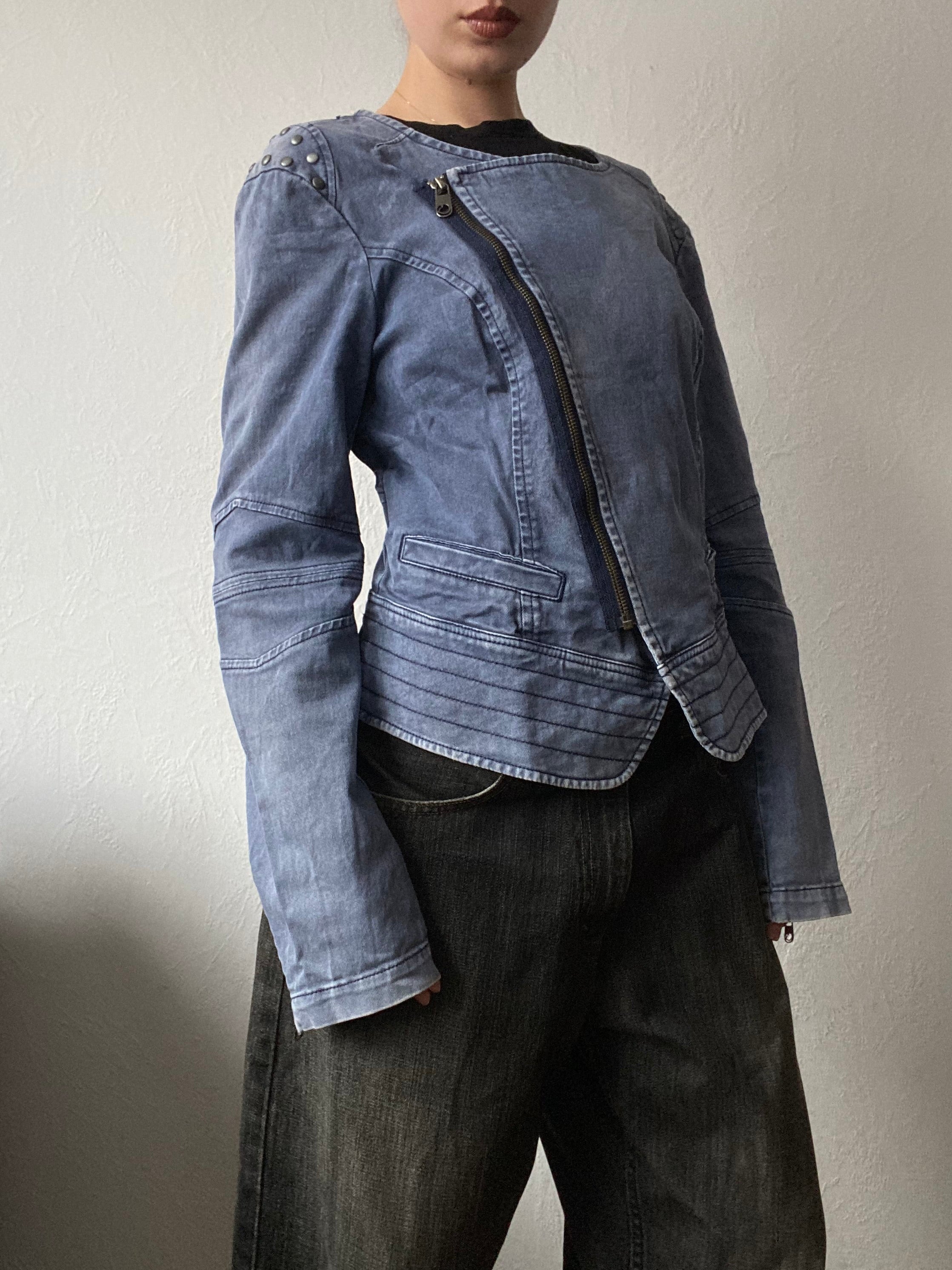 Vintage 98% cotton short light blazer jacket asymmetrical studded shoulders spring summer