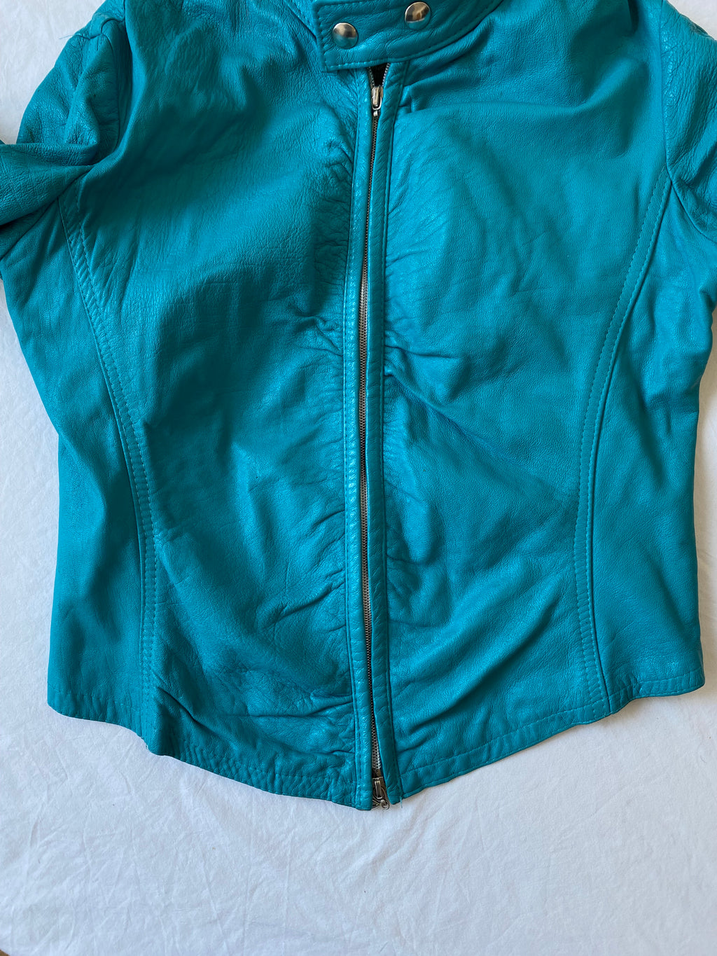 Vintage genuine leather turquoise short biker jacket
