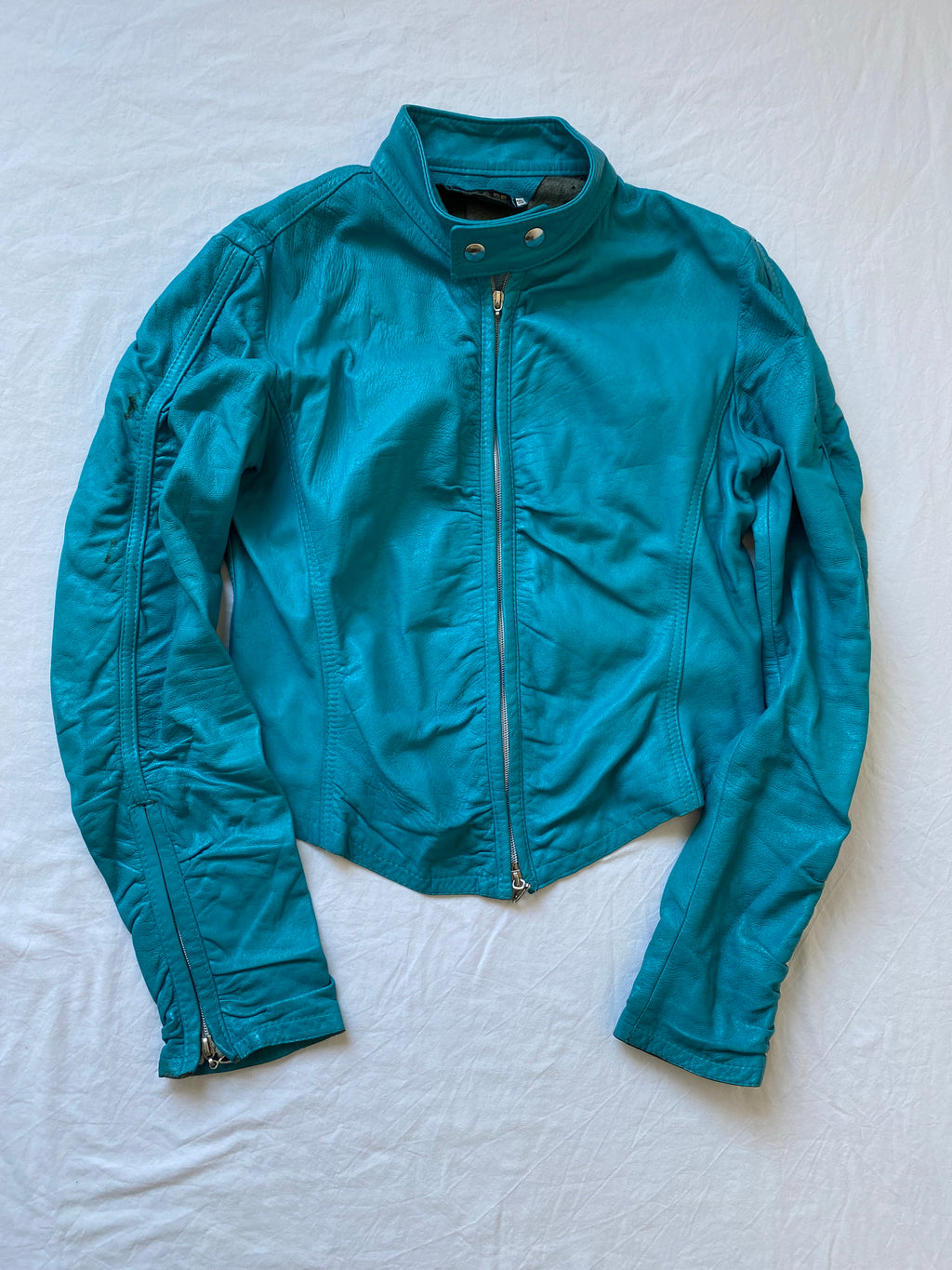 Vintage genuine leather turquoise short biker jacket