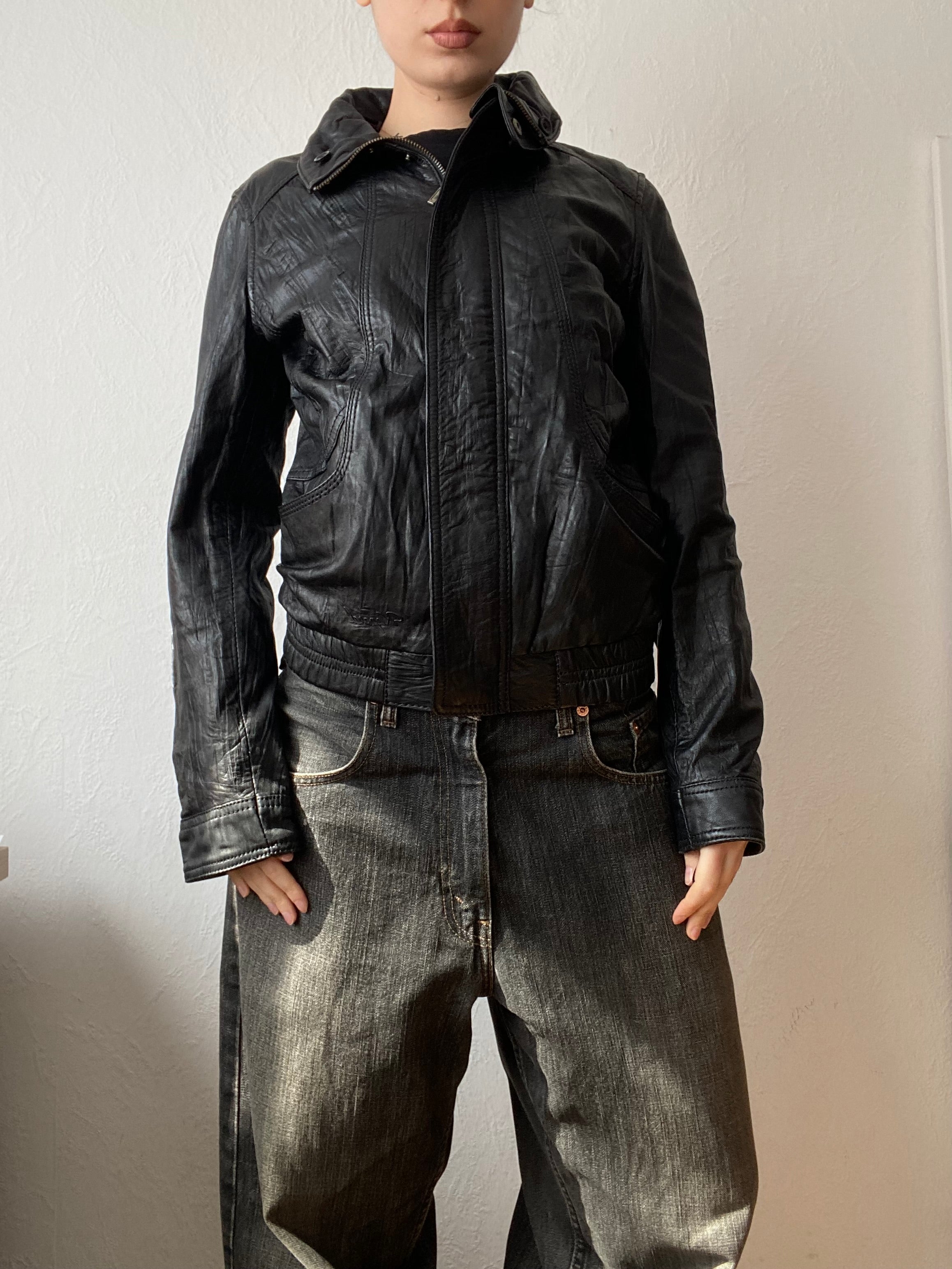 Vintage genuine leather Kaporal short bomber jacket high neck in between seasons