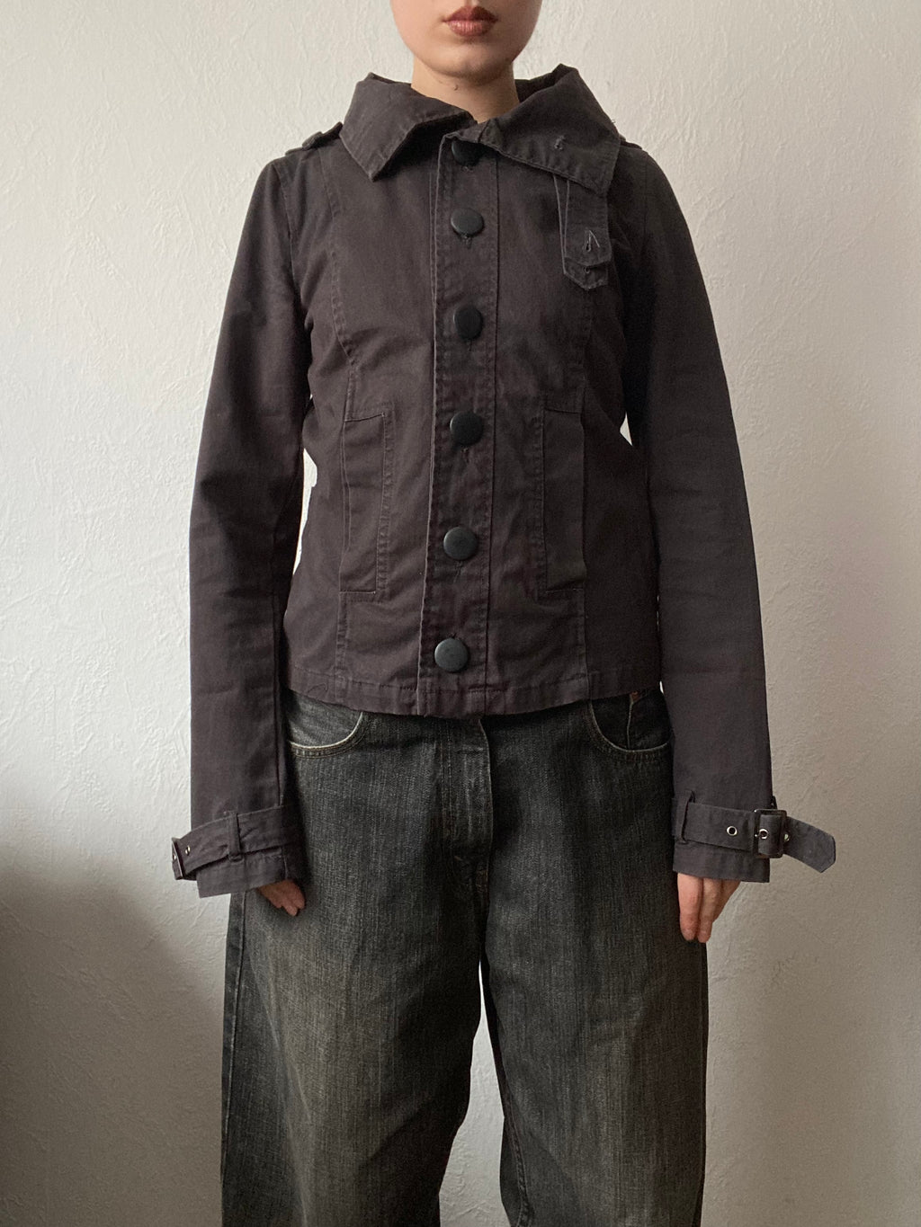 Vintage 100% cotton high neck short light jacket buttoned