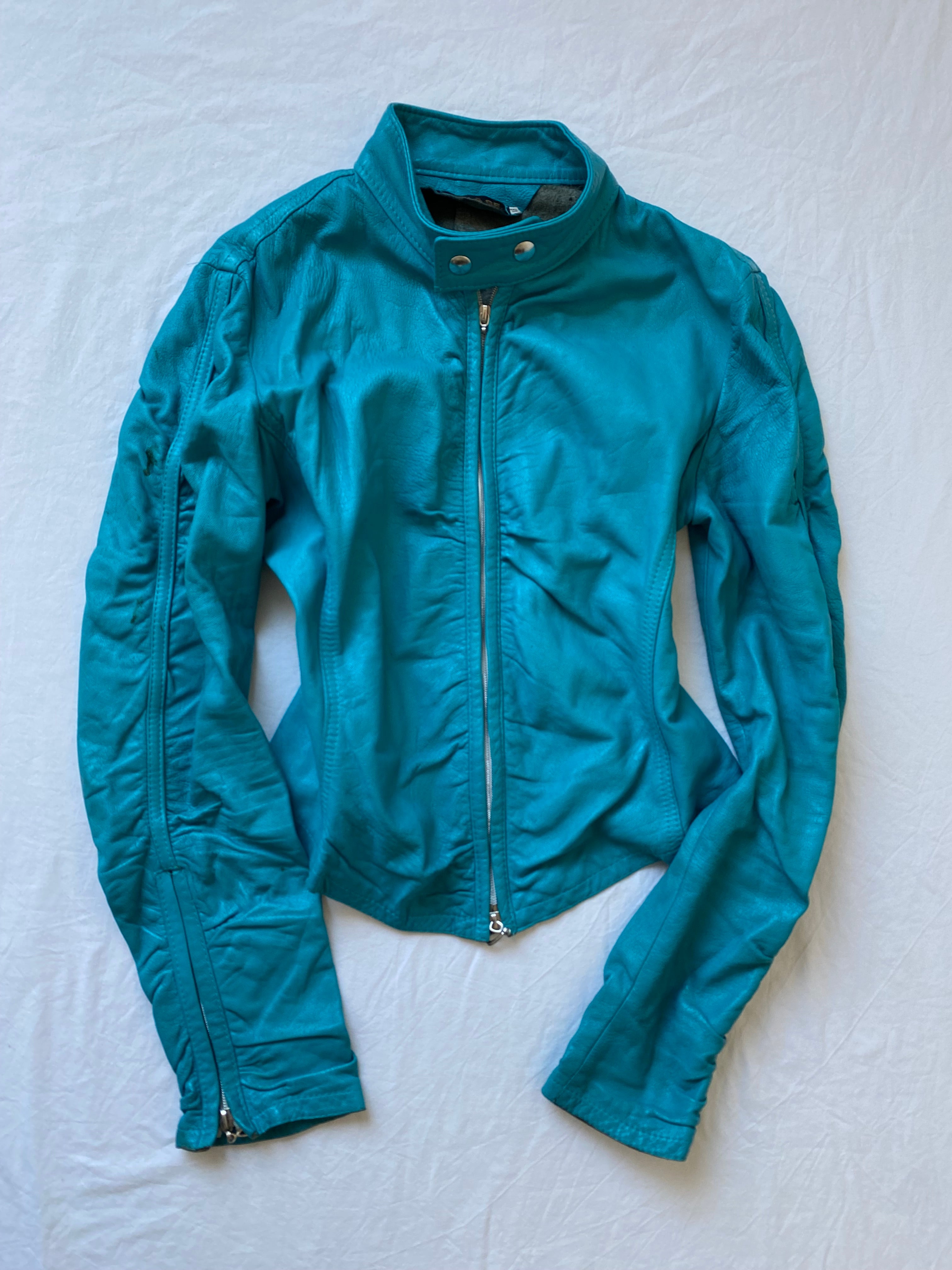 Vintage genuine leather turquoise short biker jacket