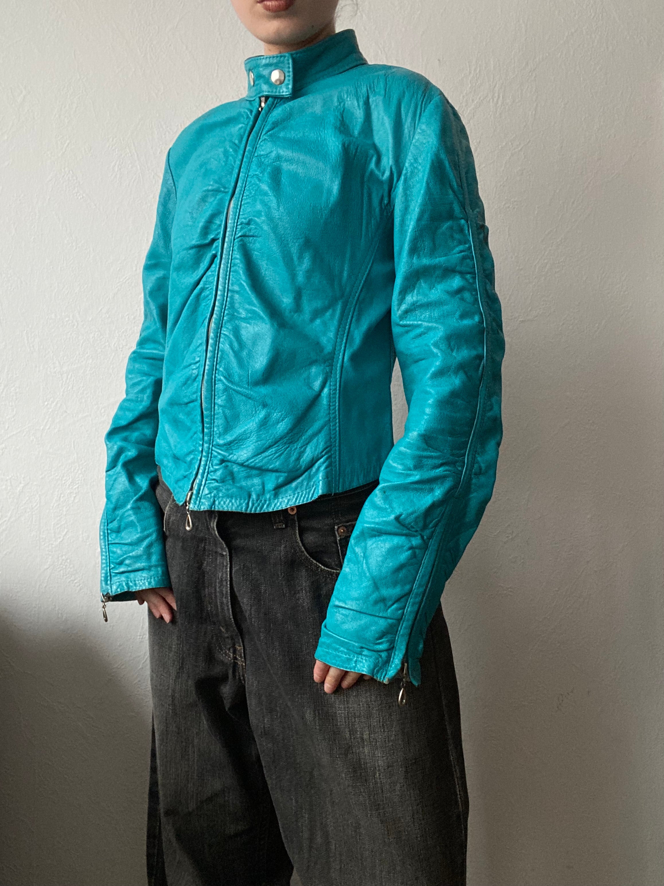Vintage genuine leather turquoise short biker jacket
