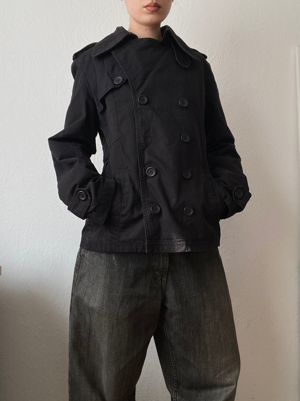 Vintage 100% cotton light short jacket pea coat unique neck
