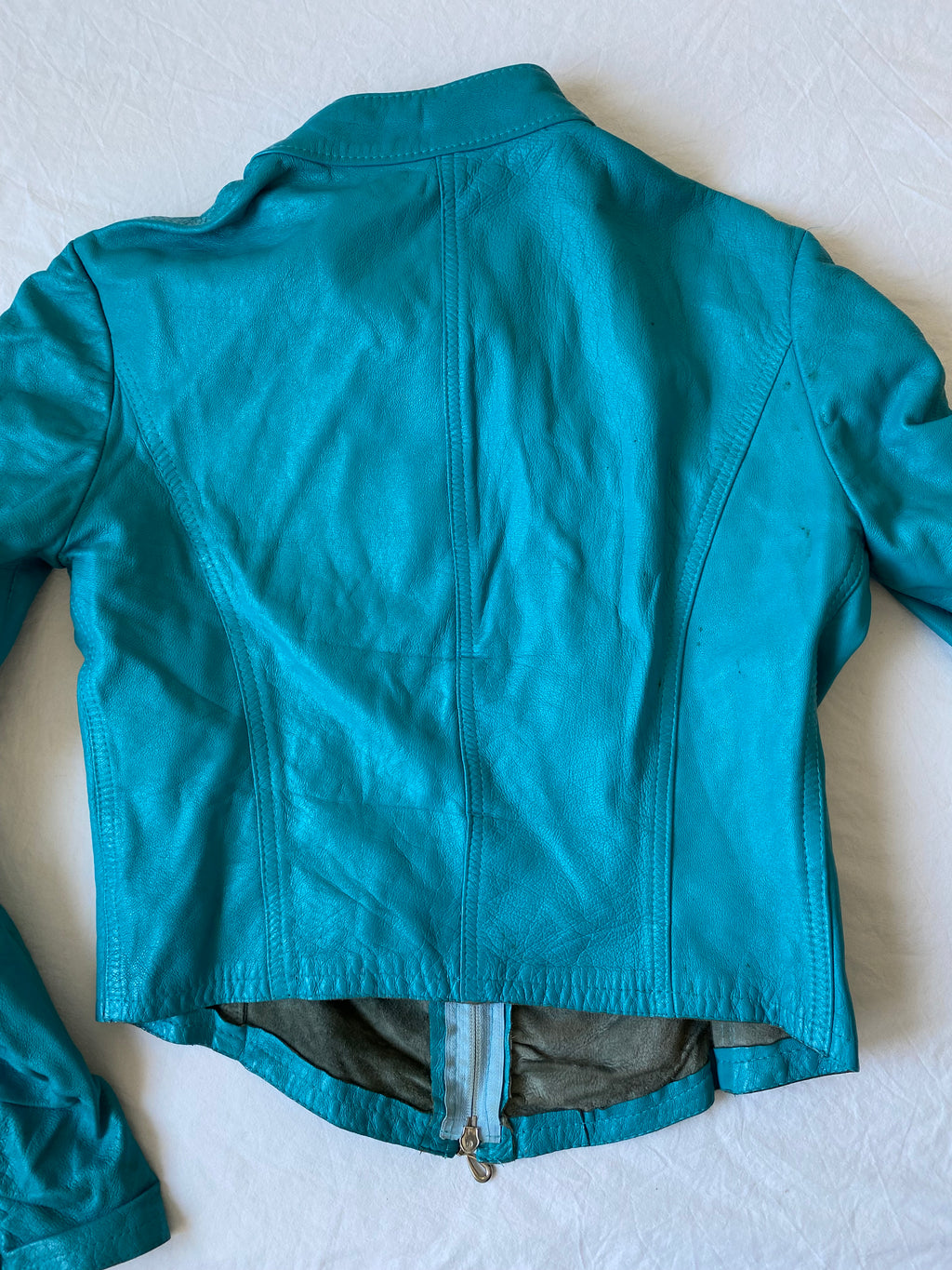 Vintage genuine leather turquoise short biker jacket