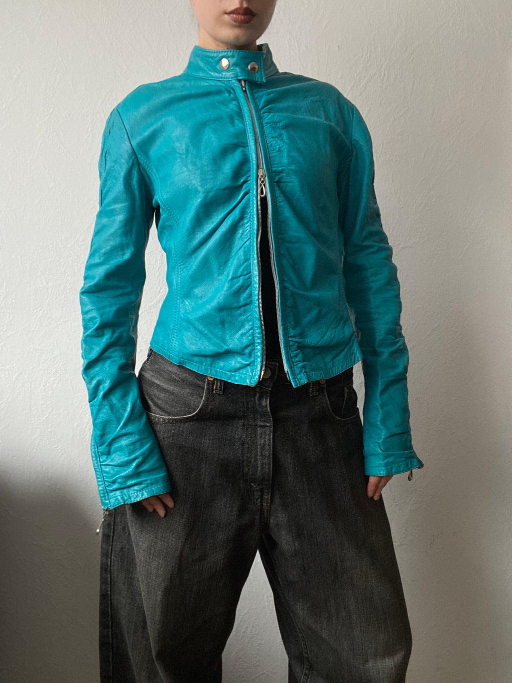 Vintage genuine leather turquoise short biker jacket